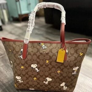 Coach Brown and Red Snoopy Tote Bag